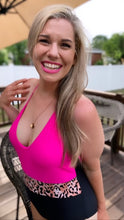 Load image into Gallery viewer, LETS GET HAPPY PINK/LEOPARD SWIMSUIT