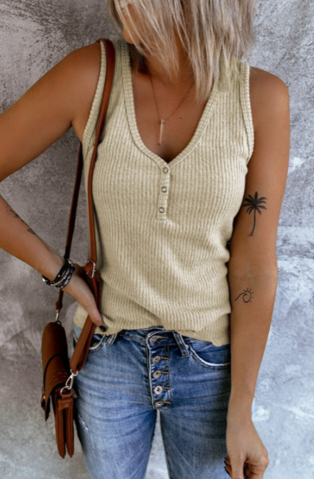 ALWAYS BE HAPPY KHAKI RIBBED TANK