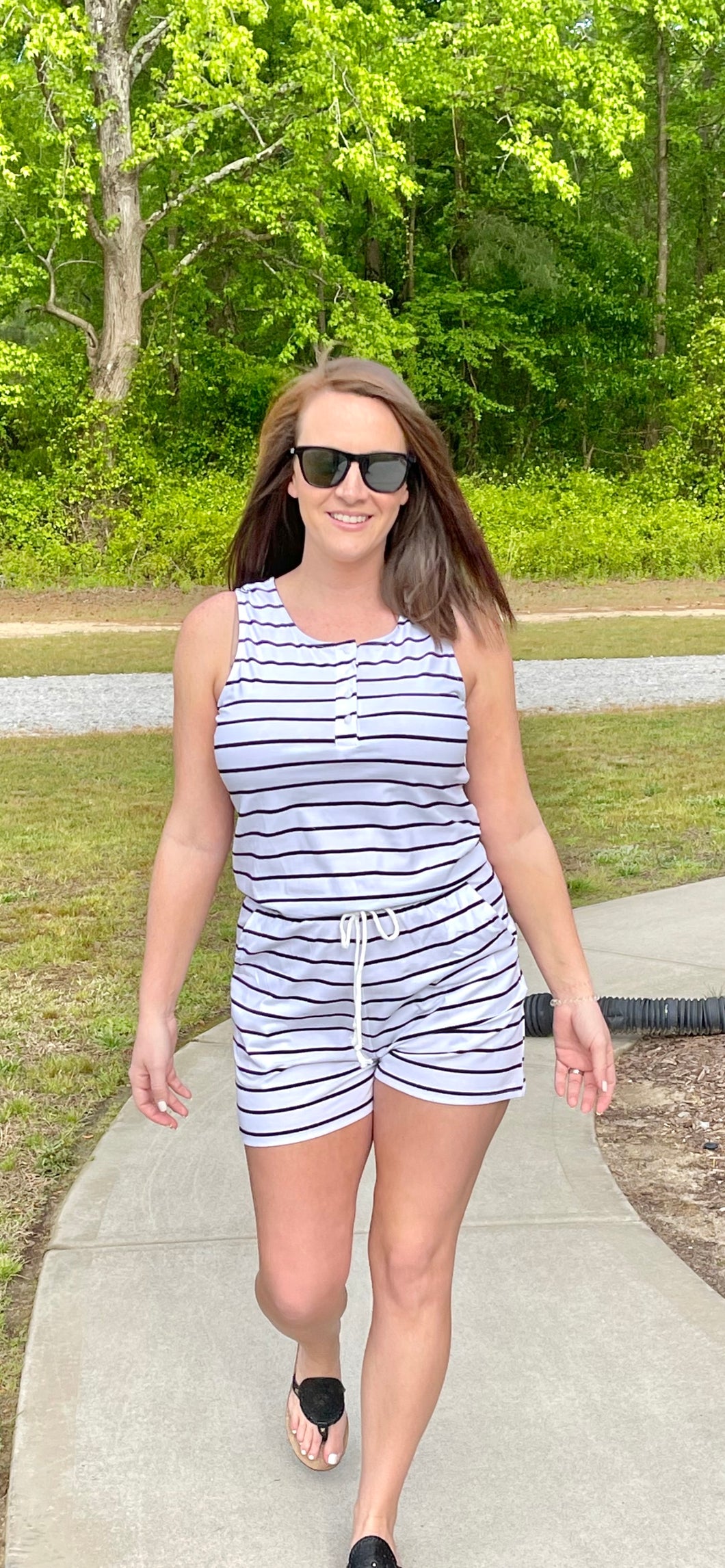 UPTOWN GIRL WHITE/BLACK STRIPED ROMPER