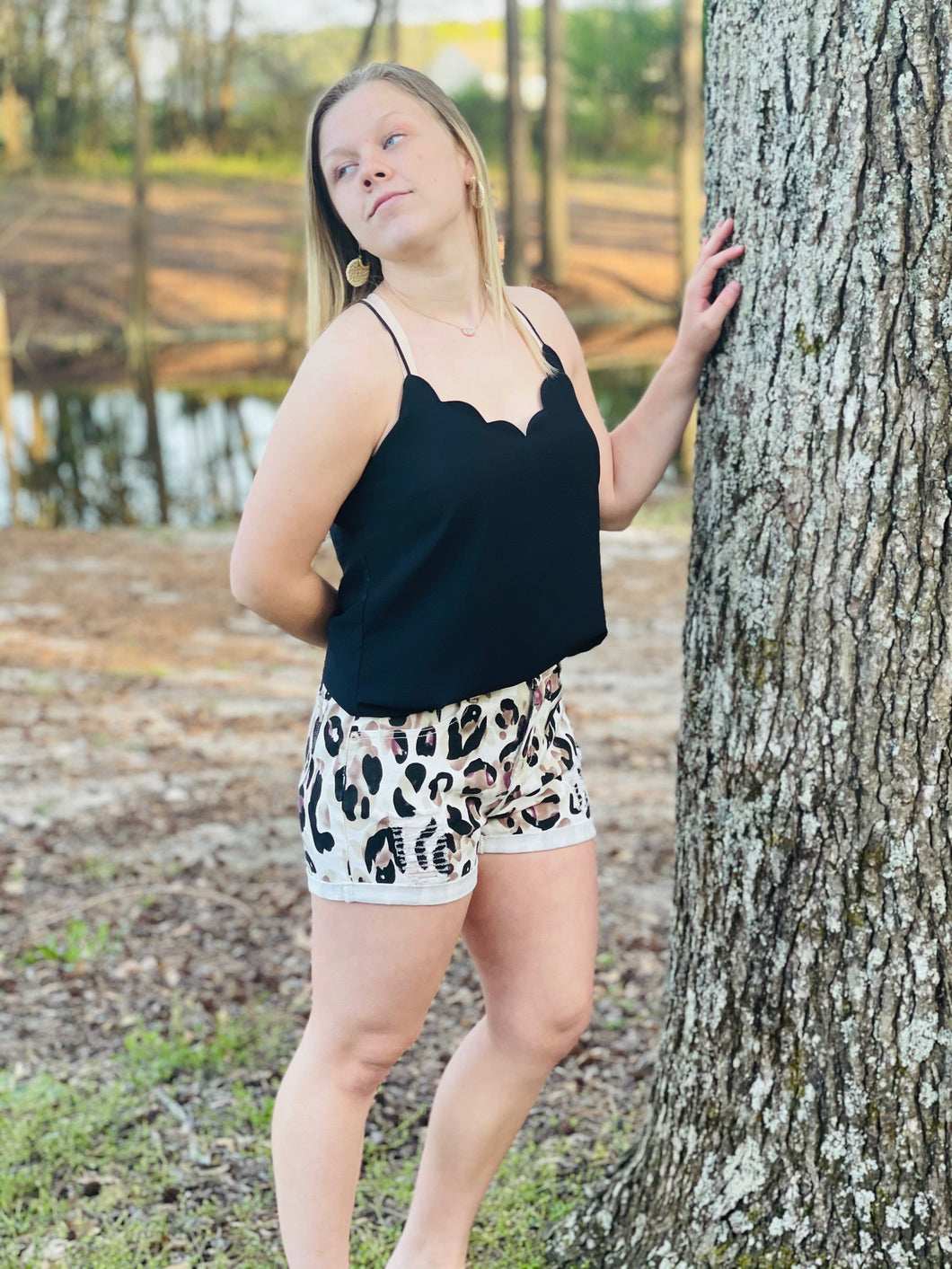 LET'S GO BAREFOOT DISTRESSED LEOPARD PRINT SHORTS