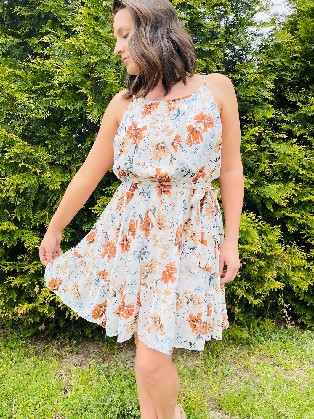 THE KEY TO HAPPINESS BEIGE FLORAL PRINT DRESS