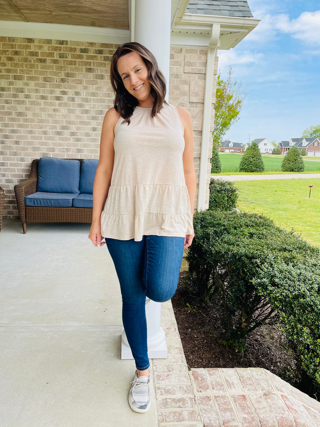 SECOND CHANCES KHAKI RUFFLED TANK