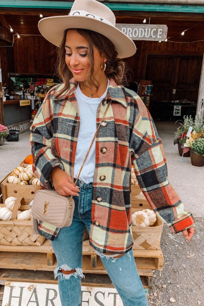 CRISPY FALL DAYS ORANGE PLAID SHACKET