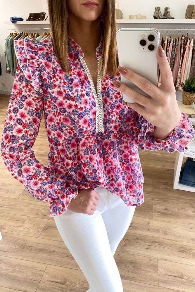 LOST IN THE MOMENT PINK FLOWER RUFFLE BLOUSE